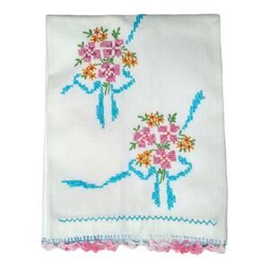 Vintage Cross Stitched Tea Towel Handmade Flower Bouquet